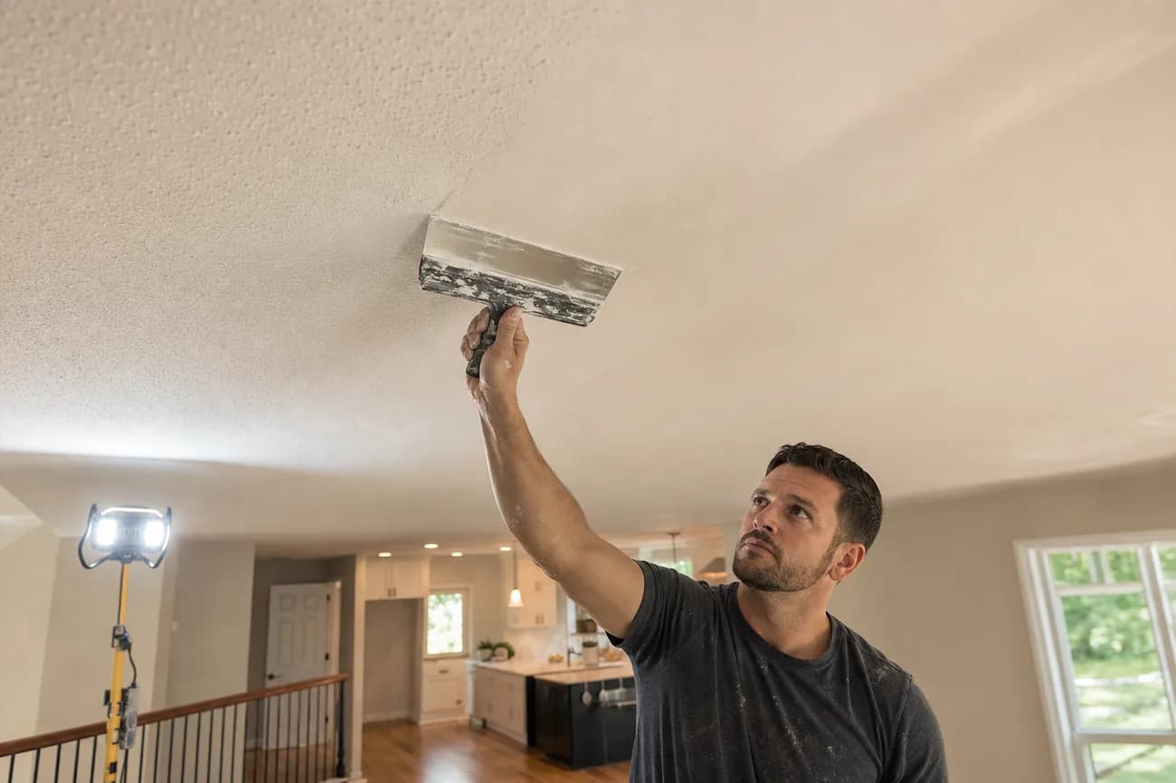 Professional drywall technician skim-coating a ceiling to refinish it smooth in a Northern Virginia home — ceiling refinishing by HouseWorks