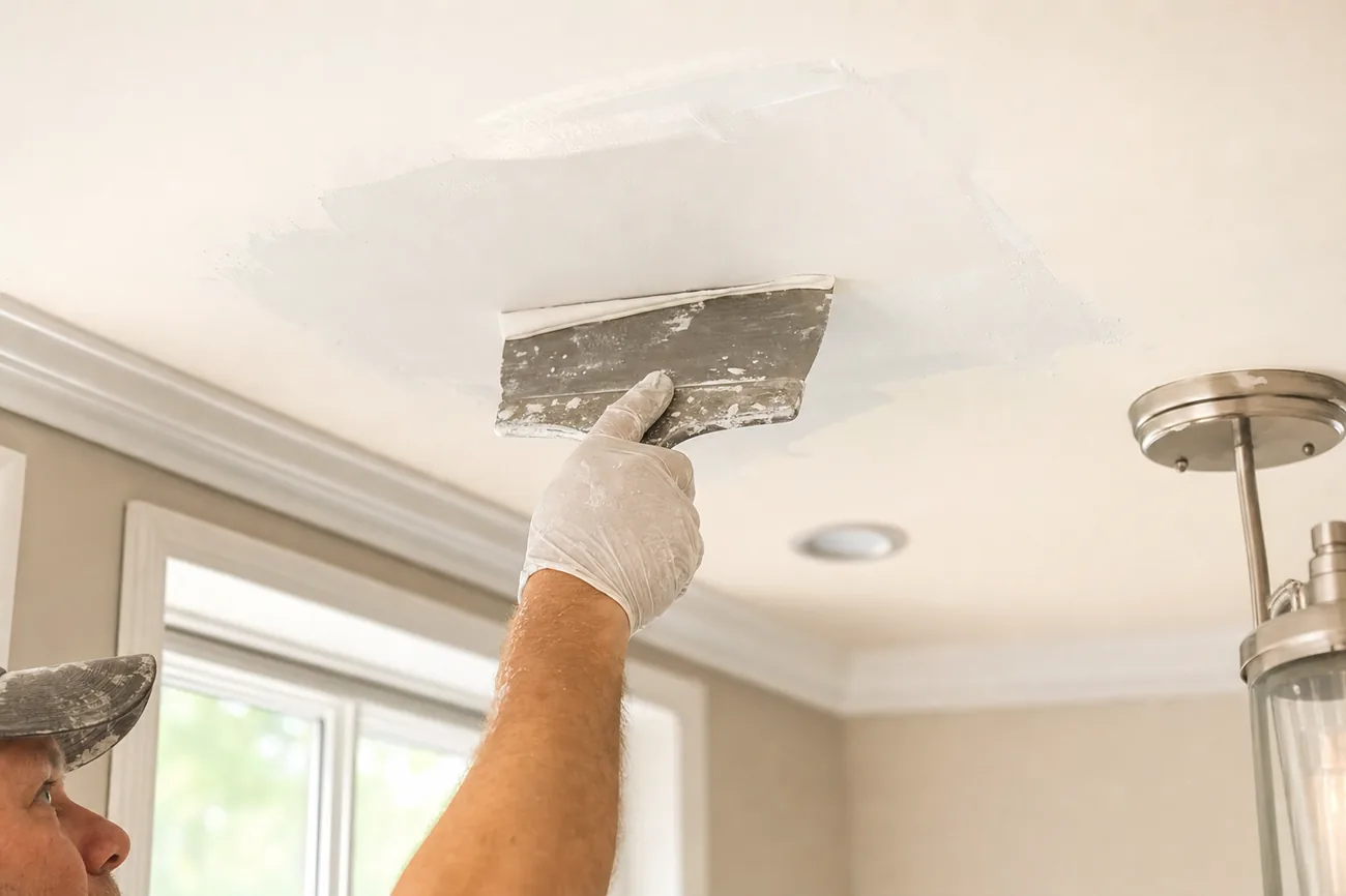 Professional drywall technician smoothing joint compound onto a ceiling patch inside an Arlington, Virginia home — ceiling repair by HouseWorks