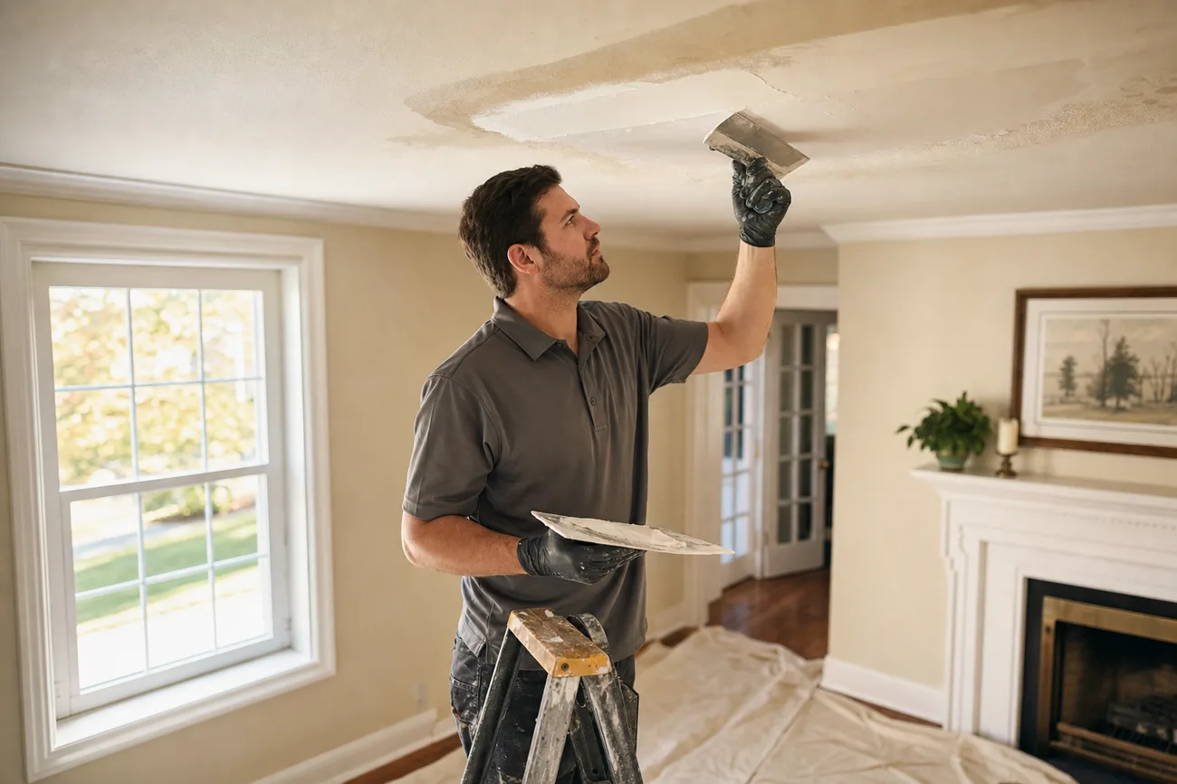 Professional drywall technician patching a water-damaged ceiling in a Springfield, Virginia colonial home — ceiling repair by HouseWorks