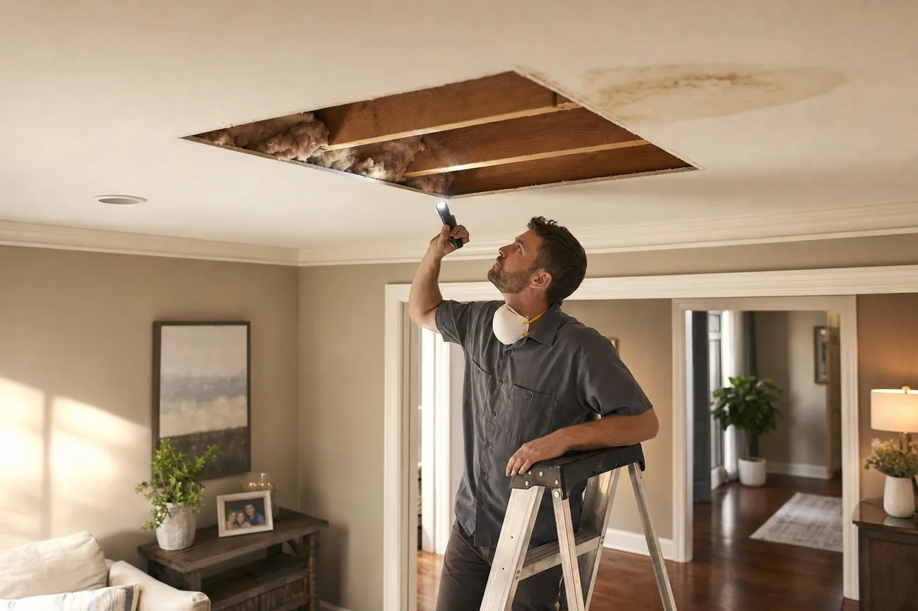 Professional drywall technician inspecting a ceiling water damage cutout in a Woodbridge, Virginia home — water damage repair by HouseWorks