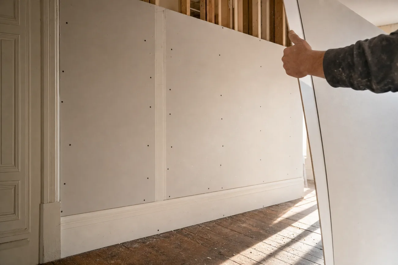 Fresh drywall being installed on stud framing during a historic Alexandria, Virginia renovation — drywall installation by HouseWorks
