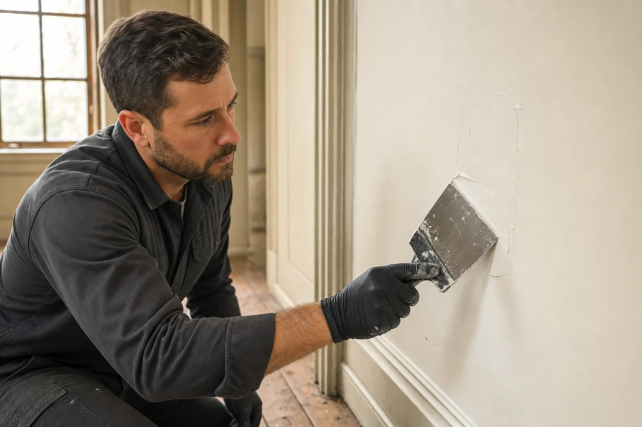 Professional drywall technician smoothing joint compound onto a wall repair inside an Alexandria, Virginia home — drywall repair by HouseWorks