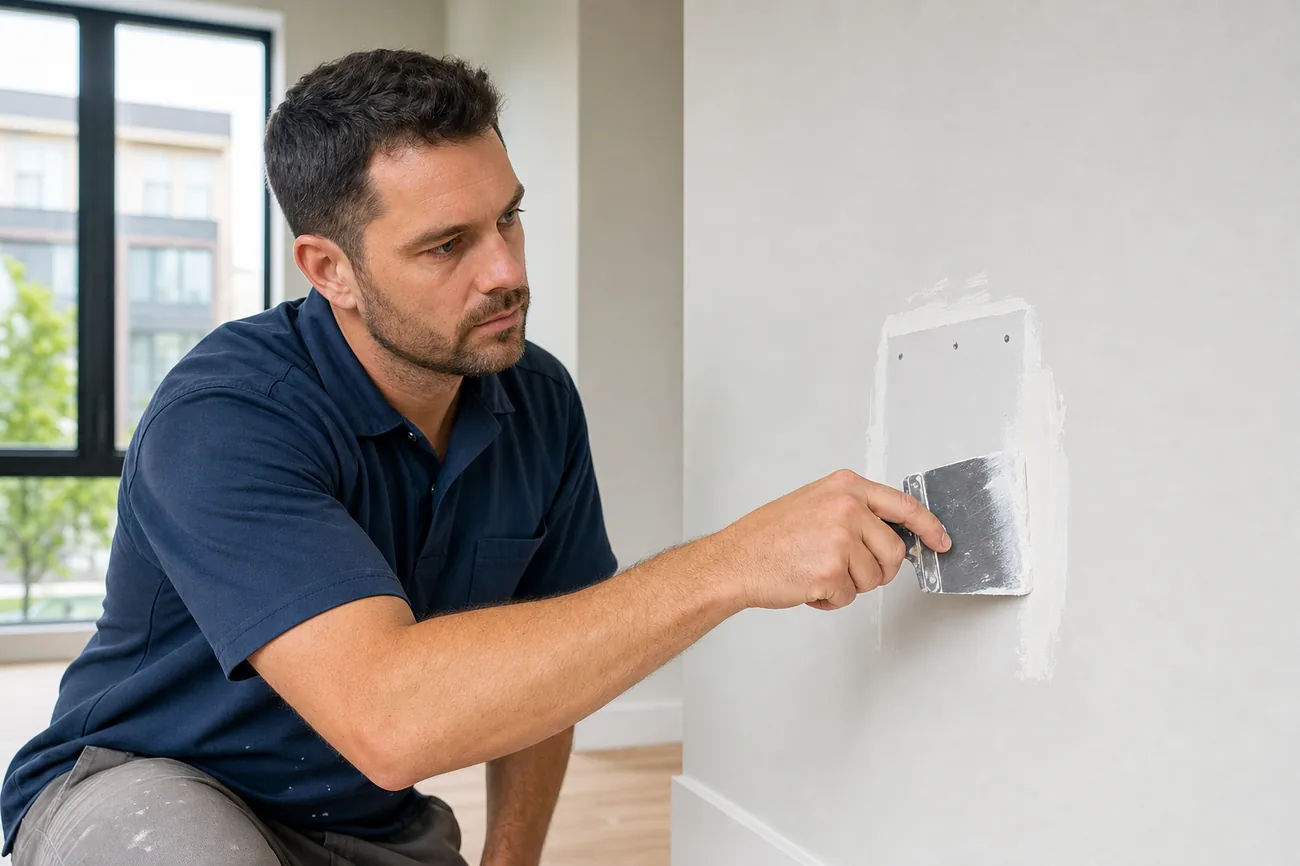 Professional drywall technician feathering joint compound around a wall patch in a modern Ashburn, Virginia townhome — drywall repair by HouseWorks