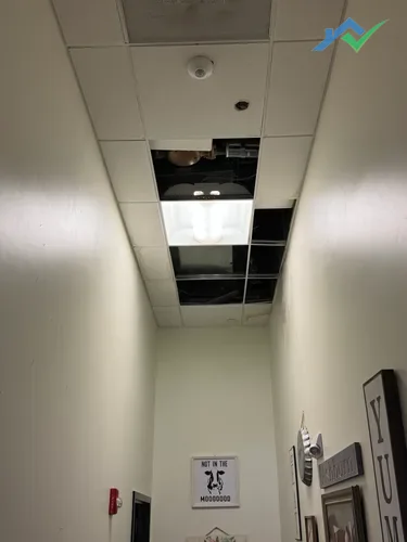 Stained drop ceiling tiles at an Ashburn VA restaurant before replacement by HouseWorks