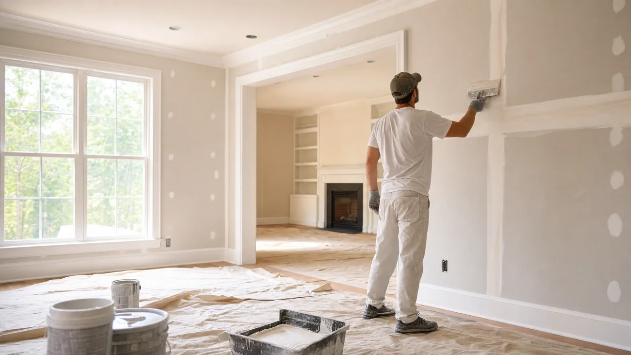 Professional drywall installation in a Northern Virginia home — contractor applying joint compound to a smooth drywall seam with natural light, hardwood floors, and neutral walls