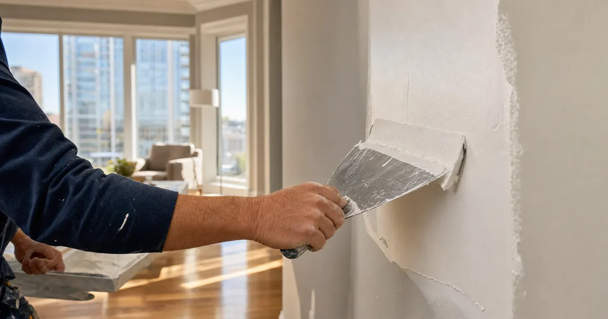 Professional drywall technician smoothing joint compound onto a wall patch in an Arlington, Virginia home — drywall repair by HouseWorks