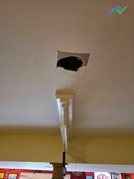 Before shot of the basement ceiling in the same Purcellville, VA home — a small rectangular hole punched through the ceiling drywall, one of the smaller items the homeowner wanted knocked out on the same visit.