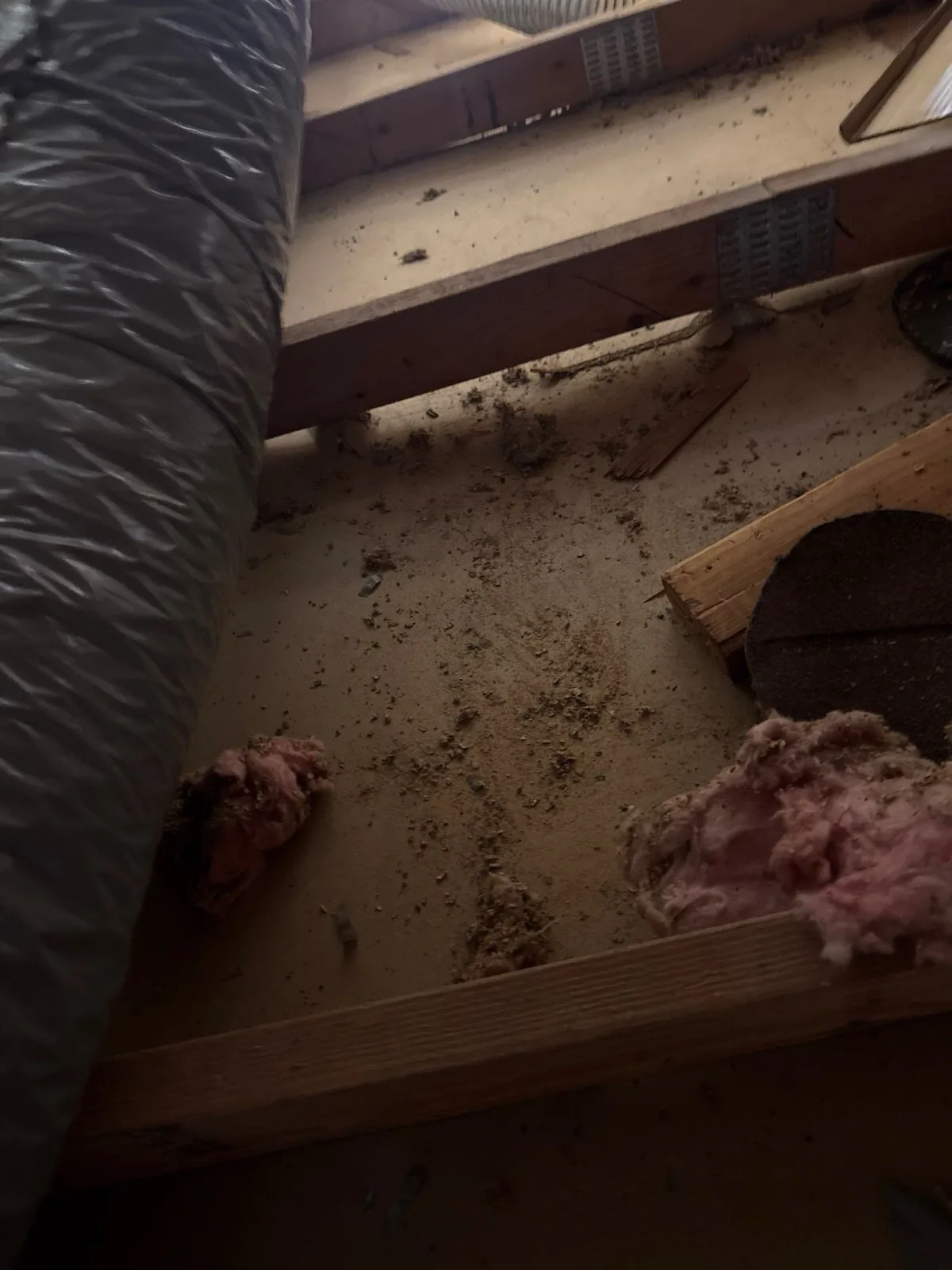 View from inside the attic in Herndon, VA showing loose insulation and debris resting on unsecured drywall panels below — the ceiling had pulled away from the joists before HouseWorks re-secured it.