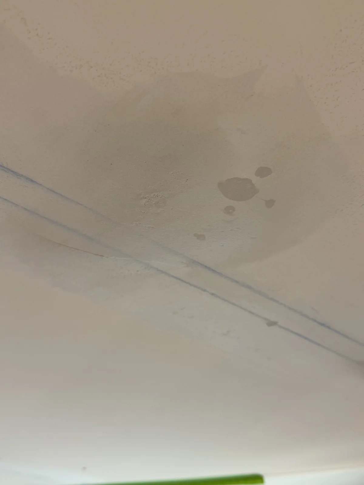 Close-up of the Herndon ceiling mid-repair: patched drywall with skim-coat joint compound covering the fastener heads and seams, chalk lines still visible from joist locating, ready for sanding and priming.