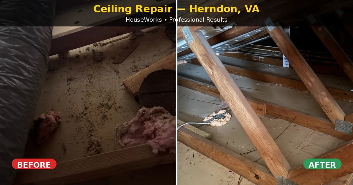 Sagging Ceiling Repair in Herndon, VA — Drywall Re-Secured, Finished & Painted for Attic Insulation Project - HouseWorks Northern Virginia